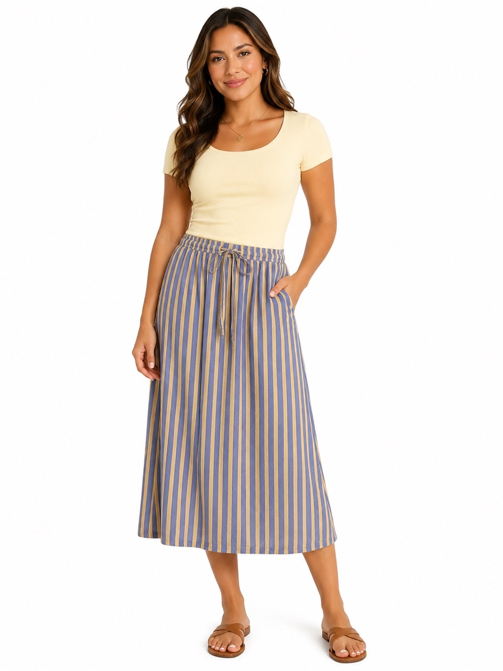 Universal Thread Blue & Tan Striped Pull-On Midi Skirt – Size XL
